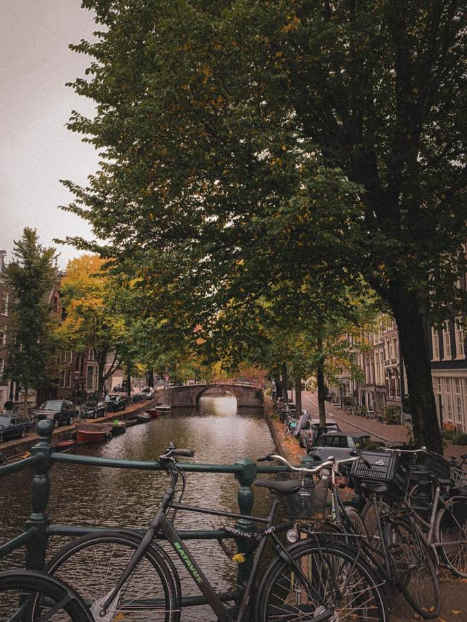 Vélos sur un pont au-dessus d'un canal d'Amsterdam en automne